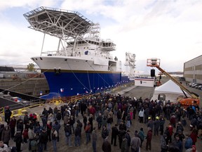 The Cecon Pride ship is named during a ceremony in 2013 at the Davie shipyard in Levis.