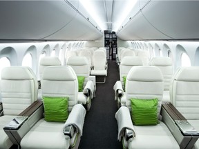 The interior of a CSeries. Expected to cost about $2 billion when first conceived in 2005, expenses have exploded and the jet is likely to cost more than $5.4 billion U.S. once it finally enters service. Photo courtesy of Bombardier Inc.