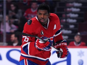 The Canadiens' P.K. Subban shows off some of his puck skills before a game game at the Bell Centre in Montreal on Dec. 9, 2014.