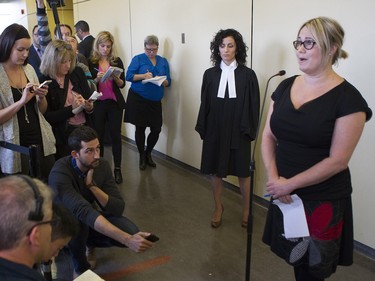 Isabelle Gaston, formerly married to Guy Turcotte, talks to the media after the verdict was delivered at the St-Jerome courthouse on Sunday, Dec. 6, 2015. Beside her: crown prosecutor Maria Albanese.