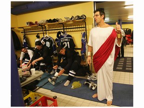Future Canadiens general manager Marc Bergevin, here in Julius Caesar garb as coach of the Primus Worldstars during the 2004-05 NHL lockout, prepares his team for their game against the Norwegian All-Stars on Dec. 21, 2004, at the Olso Spektrum in Oslo, Norway. Bergevin's Worldstars won the game 7-5.