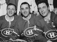 Canadiens left-winger Dickie Moore (left) with his dear friend Jean Béliveau  (right) and goalie Jacques Plante after a 1962 Montreal Forum game. Moore died on Dec. 19, 2015, at the age of 84, predeceased by Béliveau in 2014 and Plante in 1986.