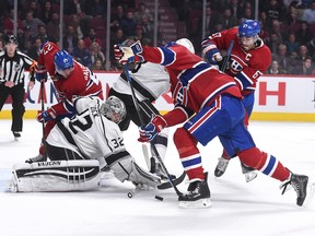 Kings goalie Jonathan Quick repels another Canadiens' attack during his 45-save shutout of Montreal at the Bell Centre on Dec. 17, 2015.