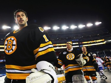 Andrew Raycroft #1 of the Boston Bruins exits the ice after the game against the Montreal Canadiens after the 2016 Bridgestone NHL Winter Classic  Alumni Game at Gillette Stadium on December 31, 2015 in Foxboro, Massachusetts.