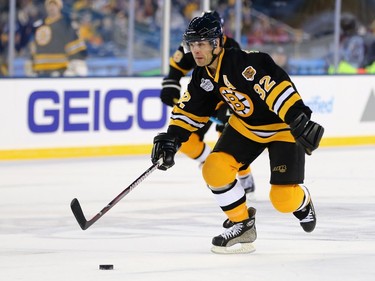 Don Sweeney #32 of the Boston Bruins skates against the Montreal Canadiens during the 2016 Bridgestone NHL Winter Classic  Alumni Game at Gillette Stadium on December 31, 2015 in Foxboro, Massachusetts.