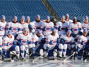 The Canadiens pose for a team photo before practice at Gillette Stadium on Dec. 31, 2015 in Foxboro, Mass.