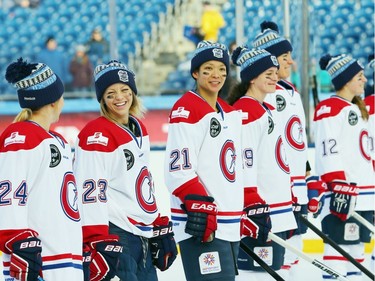 Les Canadiennes (CWHL) are introduced prior to playing against the Boston Pride (NWHL) in the Outdoor Womens Classic at Gillette Stadium on December 31, 2015 in Foxboro, Massachusetts.