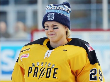 Goaltender Brittany Ott #29 of the Boston Pride (NWHL) prepare for her game against the Les Canadiennes (CWHL) during the Outdoor Womens Classic at Gillette Stadium on December 31, 2015 in Foxboro, Massachusetts.
