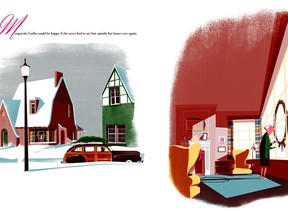 An inside spread from Marguerite's Christmas  shows the elderly title character in the safety of her living room, gazing out on the street through a Christmas wreath she leaves up all year but lights only during the holidays.