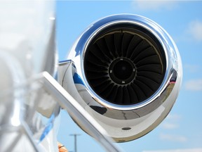 An engine of a Bombardier Global 5000 aircraft is pictured at the Farnborough air show in Hampshire, England, on July 14, 2014. The biennial event sees leading companies from the aviation industry showcase their latest technology.