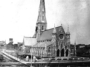 Anglican Christ Church Cathedral on Ste-Catherine St., shown here early in its history, was completed in 1859.