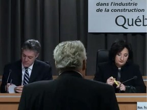 Co-commissioners Renaud Lachance and France Charbonneau listen to ex FTQ-construction president Jean Lavallée introduce himself before the start of the January 20, 2014 Charbonneau Commission hearings into corruption in the construction industry. According to a report published December 10, 2015 Justice France Charbonneau and her co-commissioner Renaud Lachance had major disagreements over the text of the final report. (Charbonneau Commission via Montreal Gazette)
