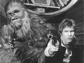 Chewbacca and Han Solo in Star Wars.