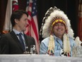 Prime Minister Justin Trudeau and AFN National Chief Perry Bellegarde laugh as they talk before the beginning of the Assembly of First Nations Special Chiefs Assembly in Gatineau, Tuesday December 8, 2015.