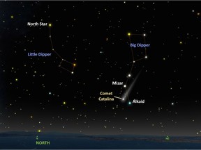 Late night on Jan. 15 and Jan. 16, Comet Catalina will form a triangle with the two bright stars Alkaid and Mizar in the handle of the Big Dipper stellar pattern. All three sky objects will fit into the same binocular field of view.