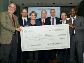 At a Neighbour of Choice celebration held on Friday, December 11, Merck Canada Inc. announced the allocation of a $100,000 grant donation to be divided equally between NOVA West Island and West Island Community Shares in recognition of the hard work and positive impact that they've had in the community over the years. Established in the 1990s, the Merck Neighbour of Choice program aims to build relationships of mutual trust and support with local non-profit organizations and residents in communities where Merck head offices are located.  From left to right: Mr. Tom Thompson, President of the Board of Directors of NOVA West Island; Mr. Geoffrey Kelley, Member of the National Assembly for Jacques-Cartier and Minister Responsible for Native Affairs; Ms. Caroline Tison, Executive Director of West Island Community Shares; Mr. Francis Scarpaleggia, Member of Parliament for Lac St-Louis; Mr. Frank Baylis, Member of Parliament for Pierrefonds-Dollard; Mr. Martin Coiteux, Member of the National Assembly for Nelligan, Minister Responsible for Government Administration and Ongoing Program Review and Chair of the Conseil du trésor and Mr. Chirfi Guindo, President and Managing Director of Merck Canada Inc.  (CNW Group/Merck Canada Inc.)
