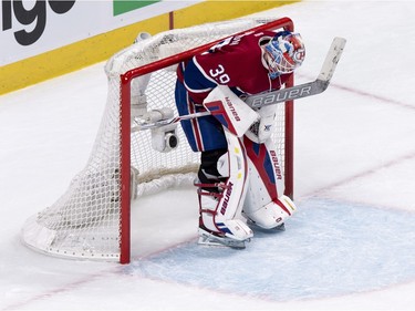 Montreal Canadiens' goalie Mike Condon reacts following a goal by Los Angeles Kings' Anze Kopitar during second period NHL hockey action, in Montreal, on Thursday, Dec. 17, 2015.