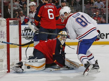 Goaltender Roberto Luongo #1 of the Florida Panthers makes a pad save on a shot by Lars Eller #81 of the Montreal Canadiens at the BB&T Center on December 29, 2015 in Sunrise, Florida.