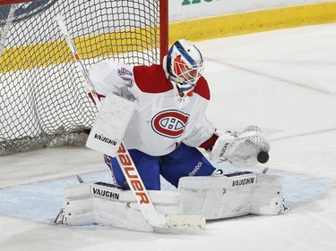 Goaltender Ben Scrivens #40 of the Montreal Canadiens warms up prior to the game against the Florida Panthers at the BB&T Center on December 29, 2015 in Sunrise, Florida.