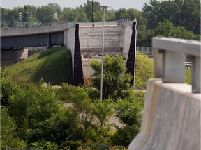An overpass built to link Pierre Elliott Trudeau International Airport and highway 20 remains unfinished in Montreal on Tuesday August 18, 2015.