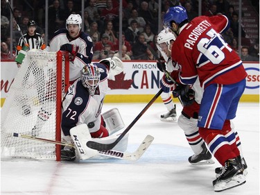 Montreal Canadiens Max Pacioretty has his shot stopped by Columbus Blue Jackets goalie Sergei Bobrovsky during third period of National Hockey League game in Montreal Tuesday December 1, 2015.
