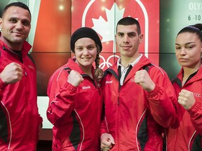 Olympic boxing hopefuls, L-R: Samir El- Mais, Ariane Fortin, Clovis Drolet and Caroline Veyre, during media announcement in Montreal on Wednesday Dec. 2, 2015. The Olympic qualifications are to be held in Montreal from Dec. 6 to 10.