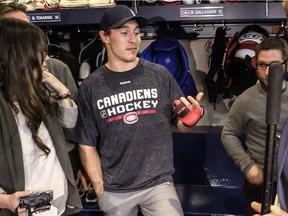 "It was pretty gross. (One finger) was pointing back at me, so I figured something was wrong," says Canadiens' Brendan Gallagher, wearing a splint on the broken fingers on his left hand while meeting reporters at the team's practice facility on Monday Dec. 7, 2015.  Gallagher needed surgery on the broken fingers, injured while blocking a shot in a recent game.  (John Mahoney / MONTREAL GAZETTE)