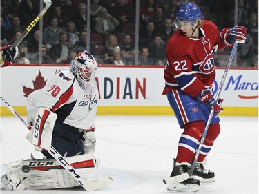 Montreal Canadiens Dale Weise tips a shot wide of Washington Capitals goalie Braden Holtby during National Hockey League game in Montreal Thursday December 3, 2015.