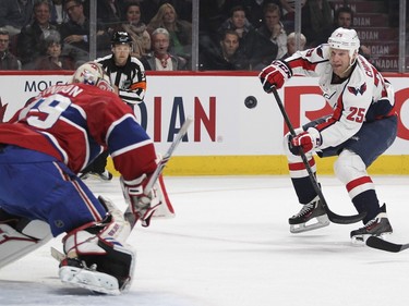 Washington Capitals Jason Chimera fires the puck at Montreal Canadiens Mike Condon during National Hockey League game in Montreal Thursday December 03, 2015.