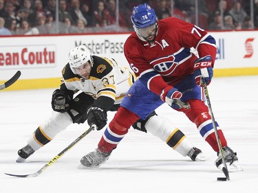 Boston Bruins Patrice Bergeron, left, pursues  Montreal Canadiens P.K. Subban during third period of National Hockey League game in Montreal Wednesday December 9, 2015.