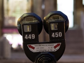 MONTREAL, QUE.: DECEMBER 16, 2015-- A coin operated parking meter is seen on Sherbrooke street in the Westmount district of Montreal on Wednesday December 16, 2015. (Allen McInnis / MONTREAL GAZETTE)