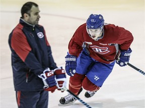 Canadiens' Brendan Gallagher skates around strength and conditioning coach Pierre Allard prior to practice at the team's training facility in Brossard, outside Montreal Wednesday December 16, 2015.. (John Mahoney / MONTREAL GAZETTE)