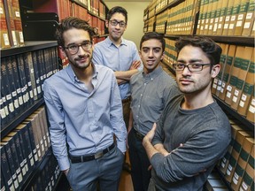Medical students Felix Couture, Mark Woo and Koray Demir and law student Zachary Sherman are members of The Medical Student Study Group on Physician-Assisted Suicide. (John Mahoney / MONTREAL GAZETTE)