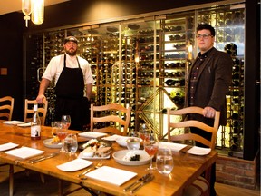 Chef Simon Mathys, left, and sommelier Gabriel Gallant are stars at Accords, where wine cases dominate the dining room.