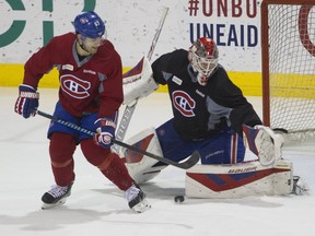 "I guess the puck was rolling, so (P.K. Subban) gets an excuse. But I don't know how many times I'm standing in front of that anymore,” says Canadiens' Max Pacioretty, trying to deflect a puck past Michael Condon during practice on Dec. 2, 2015.
