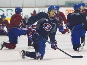 Canadiens defenceman Nathan Beaulieu sports a shiner at practice on Wednesday day after his fight Tuesday against Nick Foligno of the Columbus Blue Jackets.