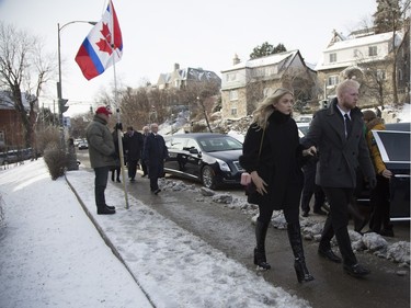 MONTREAL, QUE.: DECEMBER 28, 2015 -- Family arrives at Mountainside United Church for the funeral of Hab legend Dickie Moore in Montreal, Monday December 28, 2015.  (Vincenzo D'Alto / Montreal Gazette)