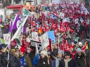 400,000 strong Common Front members were on strike Wednesday, December 9, 2015 to protest against a lack of progress at the bargaining table for a new collective agreement and many took part in a march in Montreal.