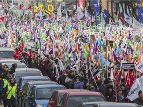 Some 400,000 Common Front union members were on strike Wednesday, Dec. 9, 2015 to protest a lack of progress at the bargaining table for a new collective agreement. Many took part in a march in Montreal.