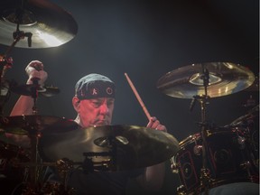 Neil Peart performs during the band's R40 tour, celebrating the band's 40th anniversary, earlier this summer at the Bell Centre in Montreal.