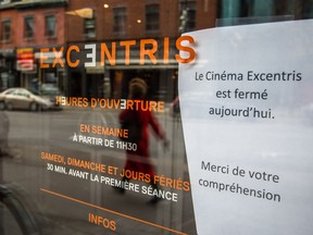 A sign announcing the closure of the Cinéma Excentris on the building's doors on St. Laurent Blvd. on Monday, November 30, 2015.