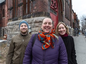 "Because (Pointe-St-Charles is) such an open space and place, it gives us lots of opportunity to learn from both the historical and contemporary reality," says Kathleen Vaughan, centre, a professor in Concordia's Right to the City program. She is joined outside Share the Warmth's Pointe headquarters by teaching assistant Dane Stewart and student Kelly Norah Drukker.