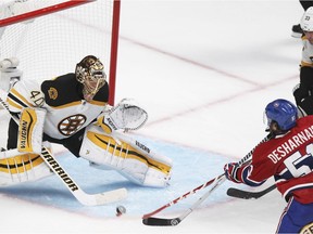 Bruins goalie Tuuka Rask, stopping Canadiens' David Desharnais last season, has a 3-14-3 record and a 2.74 goals-against average against the Habs.