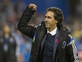 "I think being from here, you always want a winner … of course, that’s the big goal," says Impact coach Mauro Biello, celebrating after his team defeated Toronto FC in the final game of the MLS season at Saputo Stadium on Oct. 25, 2015.