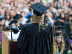 File photo: Honours Science graduate Lia Bertrand inspires fellow students with the valedictory address at convocation ceremonies in front of the Hertzberg Building at John Abbott College in Ste. Anne-de-Bellevue, Quebec on June 11, 2015.