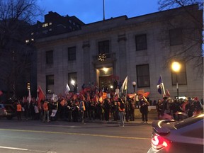 Quebec public-sector workers protest on Sherbrooke St. near Stanley St. the morning of Dec. 11, 2015.
