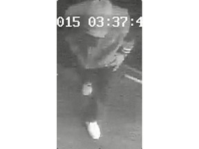 One of three suspects police are looking to identify in the arson at the Faded Kings Barbershop in Dorval in September.