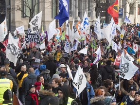 Public sector workers take part in an anti-austerity protest, Wednesday, December 9, 2015 in Montreal.