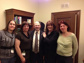 Randall Garrison is seen with trans rights advocates Erin Apsit (left), Amanda Ryan, Sophia D'Aoust and Nicki Ward in this February 2012 photo.