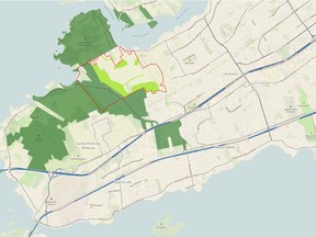 Red outlines the boundaries of the proposed Cap Nature Pierrefonds Ouest development project. Dark green indicates land included in Montreal's Ecoterritoire. LIght green indicates 56 hectares, including marshland and riverbeds, donated by the developers to the project. Photo courtesy of Cap Nature and Luc Denis Architecte.
